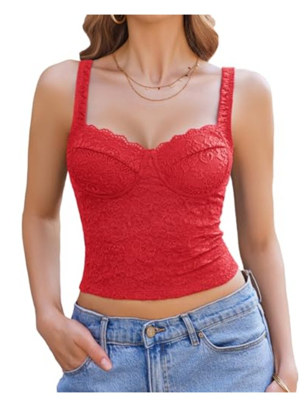 Lace Crop Top Sweetheart Neck Sleeveless Cami Adjustable Strap Summer